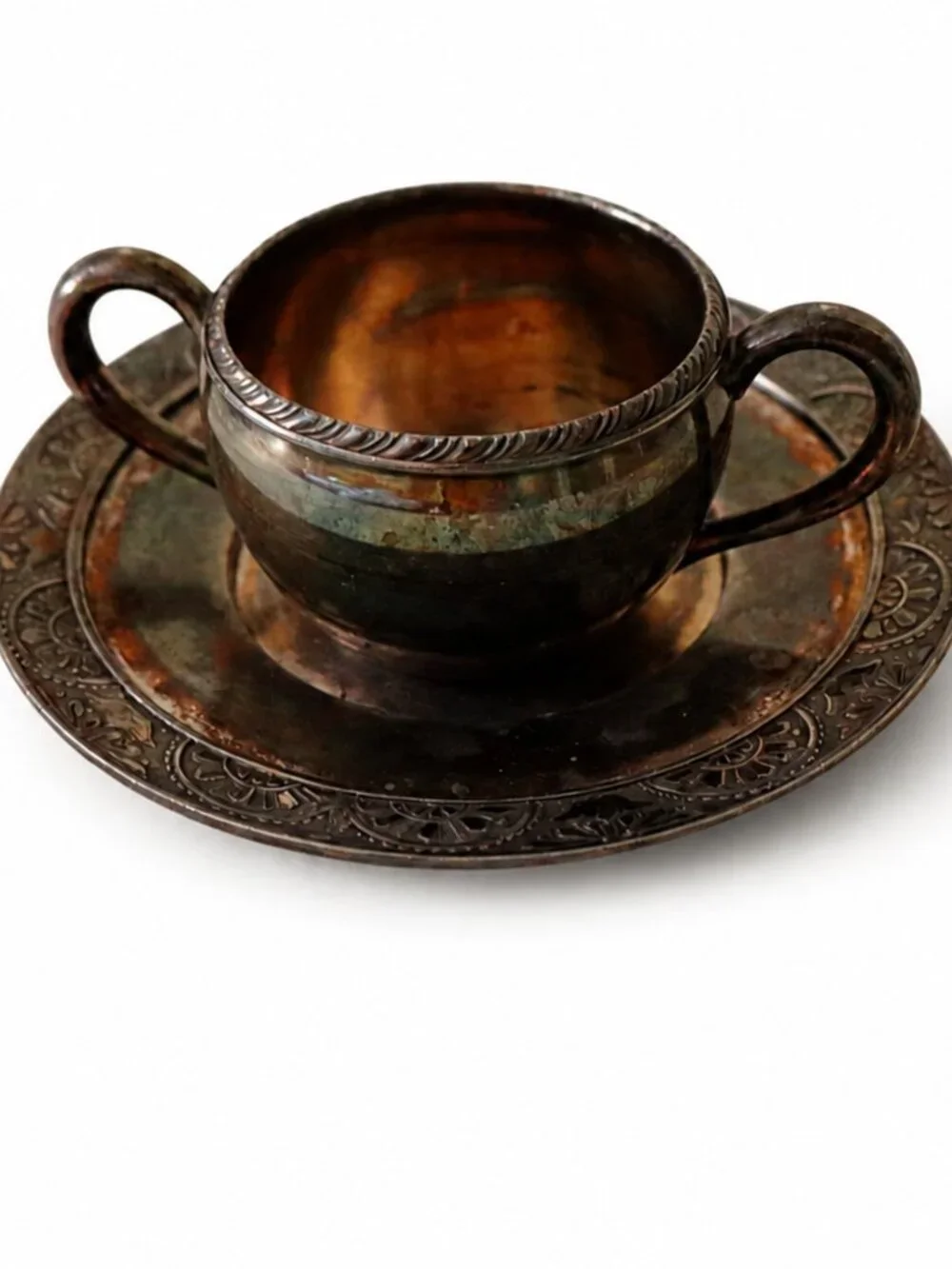 Vintage Silverplate Double Handle Cream Soup Cup & Saucer